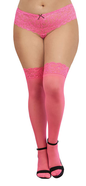 Dreamgirl Plus Size Neon Laced Stay-up Sheer Thigh High Neon Pink Size OSQ