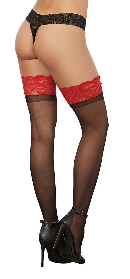 Dreamgirl Sheer Thigh High Stockings with Contrast Lace Red/Black Size OS