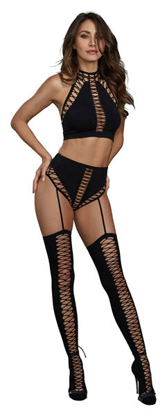 Dreamgirl Seamless Bralette and Waist High Garter Panty Black One Size OS