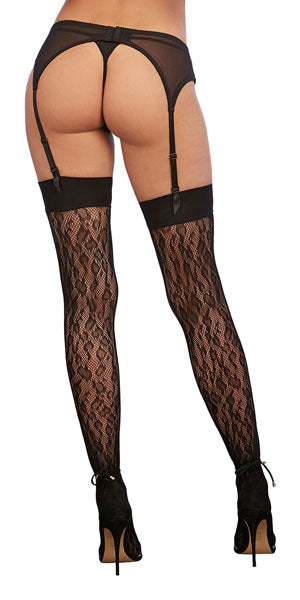 Dreamgirl Fishnet Thigh High Stockings with Knitted Leopard Design Black Size OS