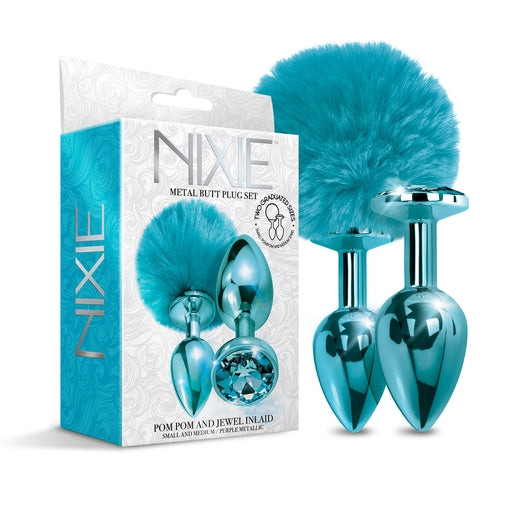 Global Novelties | NIXIE Metal Butt Plug Set, Pom Pom and Jewel Inlaid, Blue Metallic