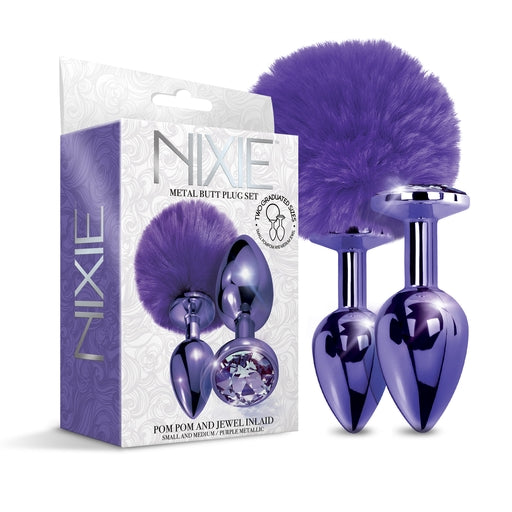 Global Novelties | NIXIE Metal Butt Plug Set, Pom Pom and Jewel Inlaid, Purple Metallic