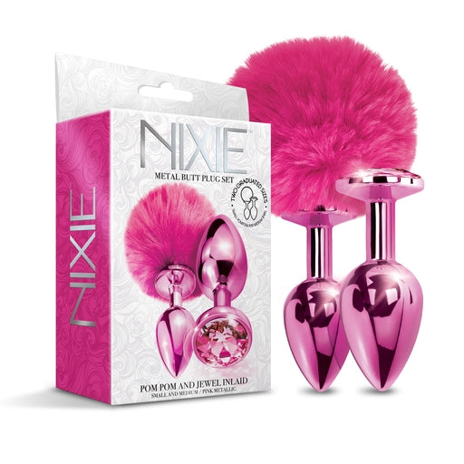 Global Novelties | NIXIE Metal Butt Plug Set, Pom Pom and Jewel Inlaid, Pink Metallic