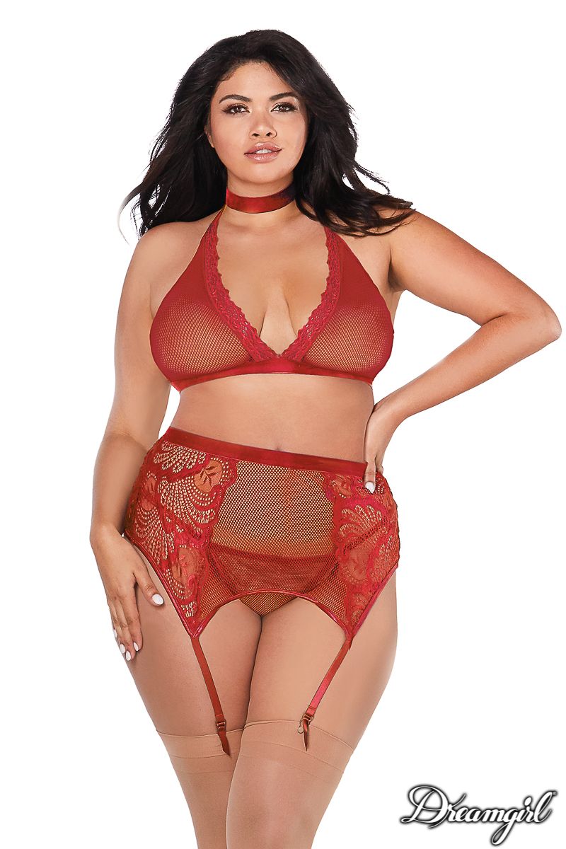 Dreamgirl Lingerie Bra Garter Belt & G-String Red Size Queen