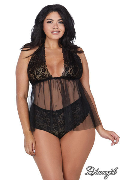 Dreamgirl Lingerie Babydoll & Panty Black Size Q Queen Plus Size