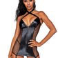 Dreamgirl Stretch Faux-Leather & Fishnet Garter Slip with Halter Neckline & Matching G-String Black Size OS