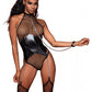 Dreamgirl Large Fishnet Corset-Style Halter Teddy with Attached Collar & Chain Leash Accent Black Size OS