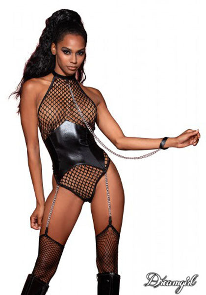 Dreamgirl Large Fishnet Corset-Style Halter Teddy with Attached Collar & Chain Leash Accent Black Size OS