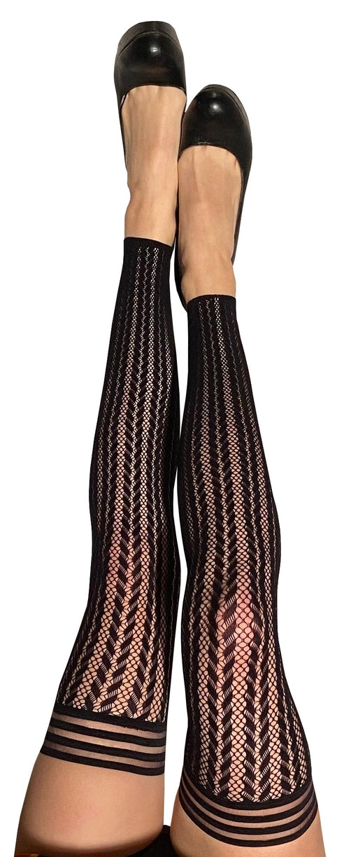 Kix'ies Lindsay Footless Fishnet Black Thigh-High Stockings - Size A/B/C/D