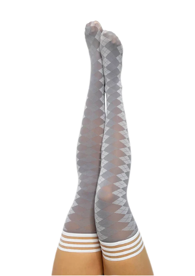 Kix'ies Par 4 - Grey Argyle Thigh-High Stockings - Size A/B/C/D