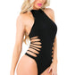 Pink Lipstick Slit N Spin Bodysuit Black Size OS