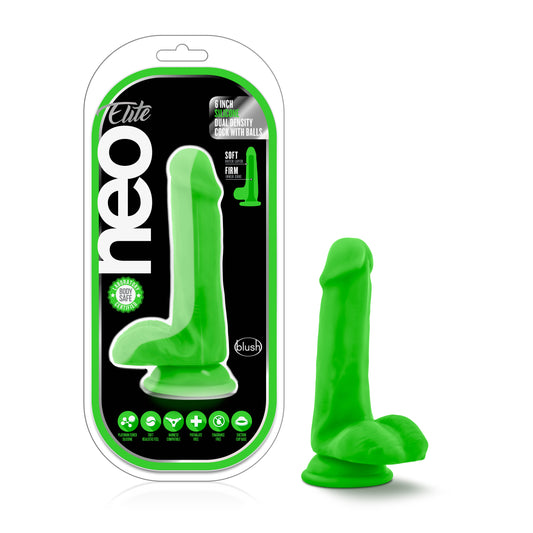 Blush Novelties Neo Elite 6" Silicone Dual Density Cock with Balls Neon Green