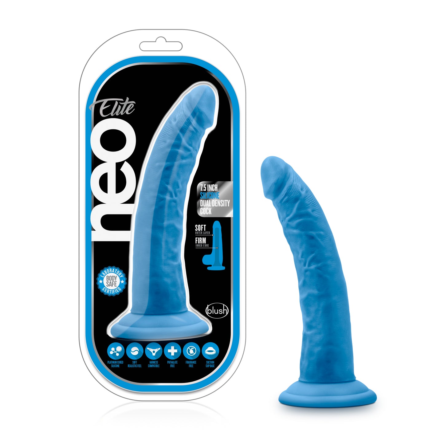 Blush Novelties Neo Elite 7.5" Silicone Dual Density Cock Dildo Dong Neon Blue