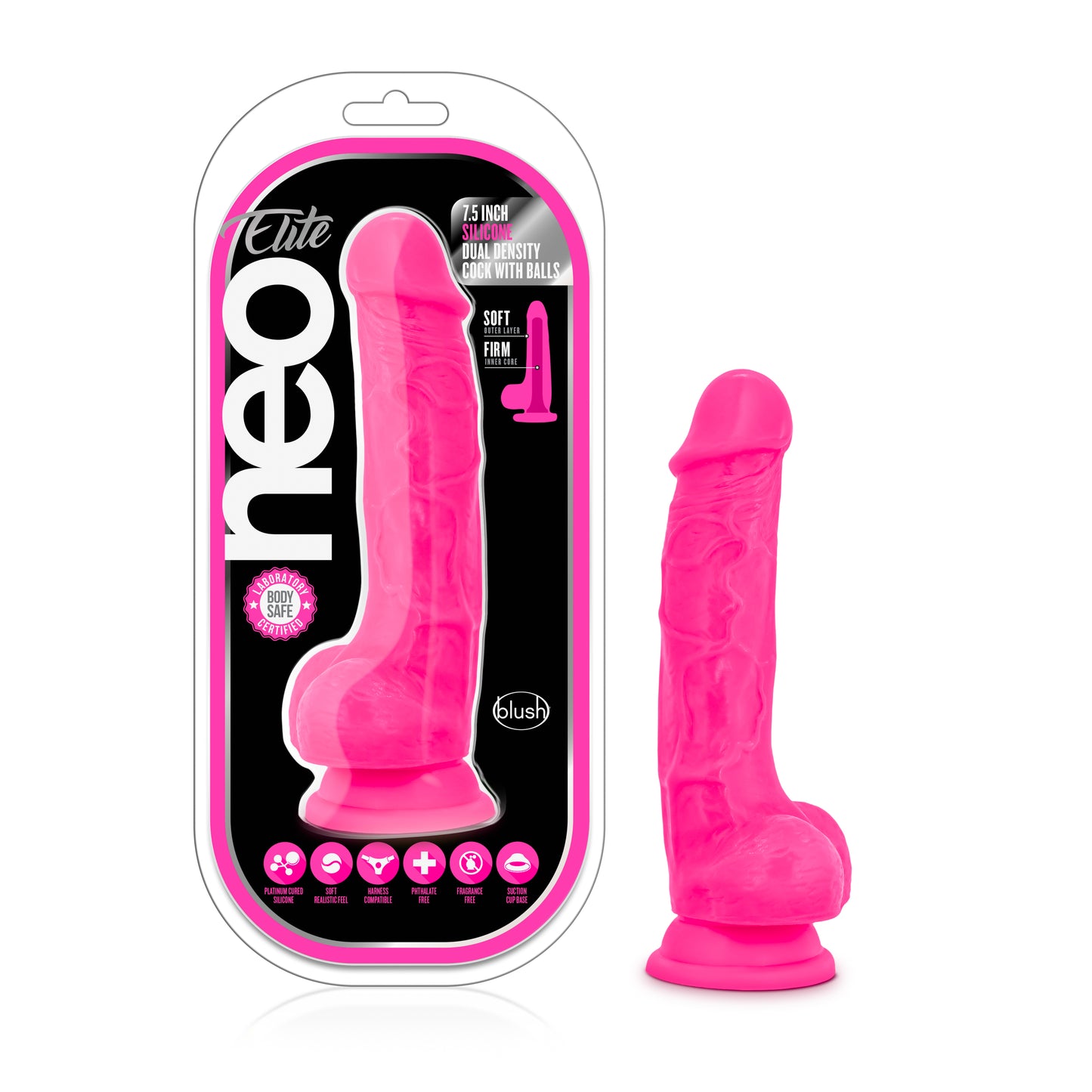 Blush Novelties Neo Elite 7.5" Silicone Dual Density Cock with Balls Neon Pink