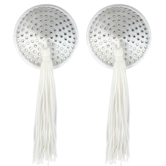 Peekaboo Pasties | White Satin w White Stone and Tassel Pastie