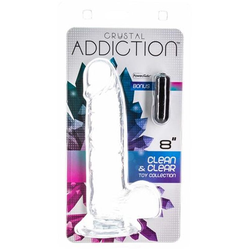 Addiction | Crystal Dildo with Balls 8" Clear with bonus PowerBullet