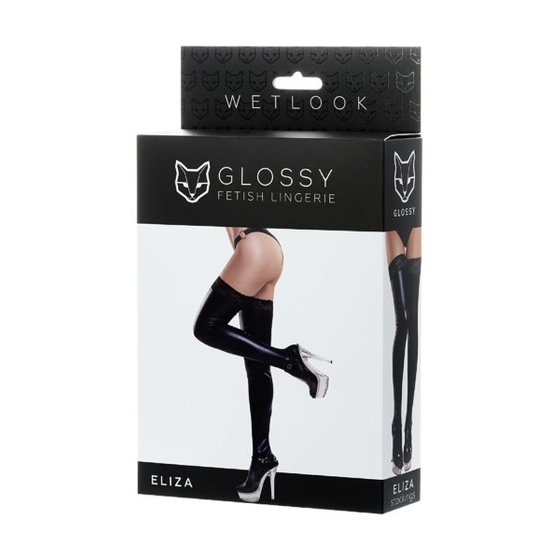 Glossy Wetlook Stockings w Lace Insert Eliza Size S/M/L/XL