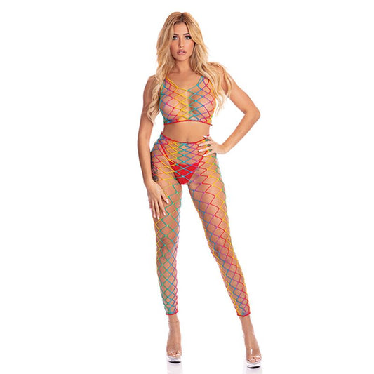 Pink Lipstick Rainbow 2 Pc Bodystocking Rainbow Size OS