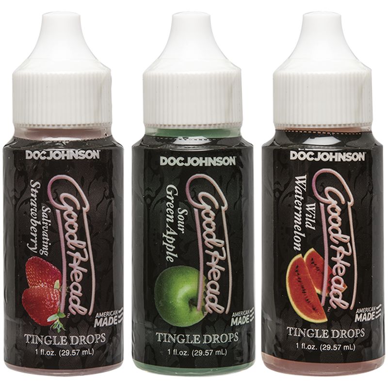 Doc Johnson GoodHead Tingle Drops Strawberry, Apple and Watermelon 3 Pc - Oral Sex Kit