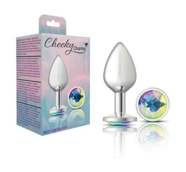 Cheeky Charms Silver Round Butt Plug w Clear Iridescent Jewel Medium