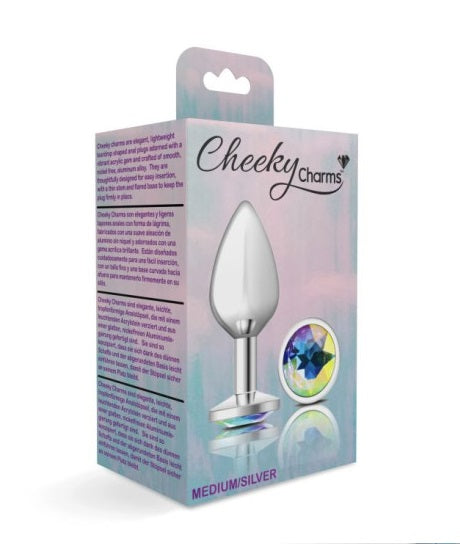 Cheeky Charms Silver Round Butt Plug w Clear Iridescent Jewel Medium