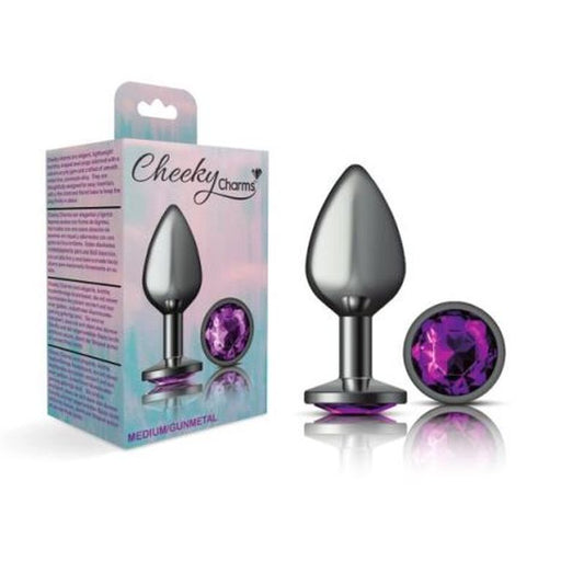 Cheeky Charms | Gunmetal Round Butt Plug w Purple Jewel Medium