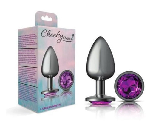 Cheeky Charms | Gunmetal Round Butt Plug w Purple Jewel Large