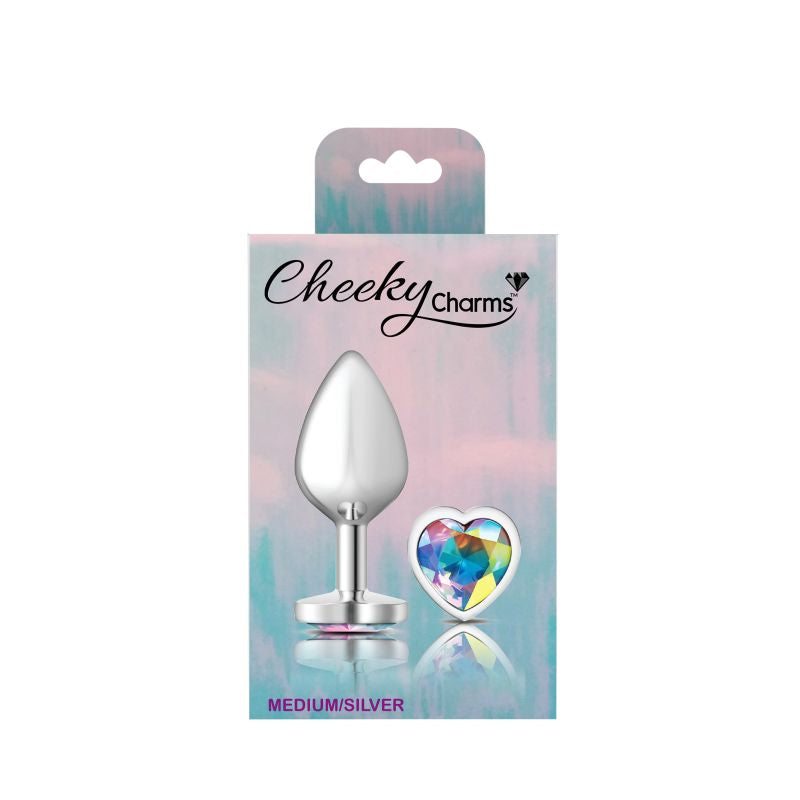 Cheeky Charms Silver Metal Butt Plug w Heart Clear Jewel Medium