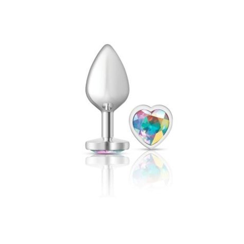 Cheeky Charms Silver Metal Butt Plug w Heart Clear Jewel Medium