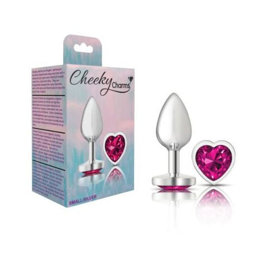 Cheeky Charms Silver Metal Butt Plug w Heart Pink Jewel Small