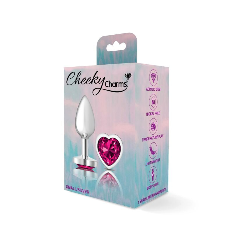 Cheeky Charms Silver Metal Butt Plug w Heart Pink Jewel Small