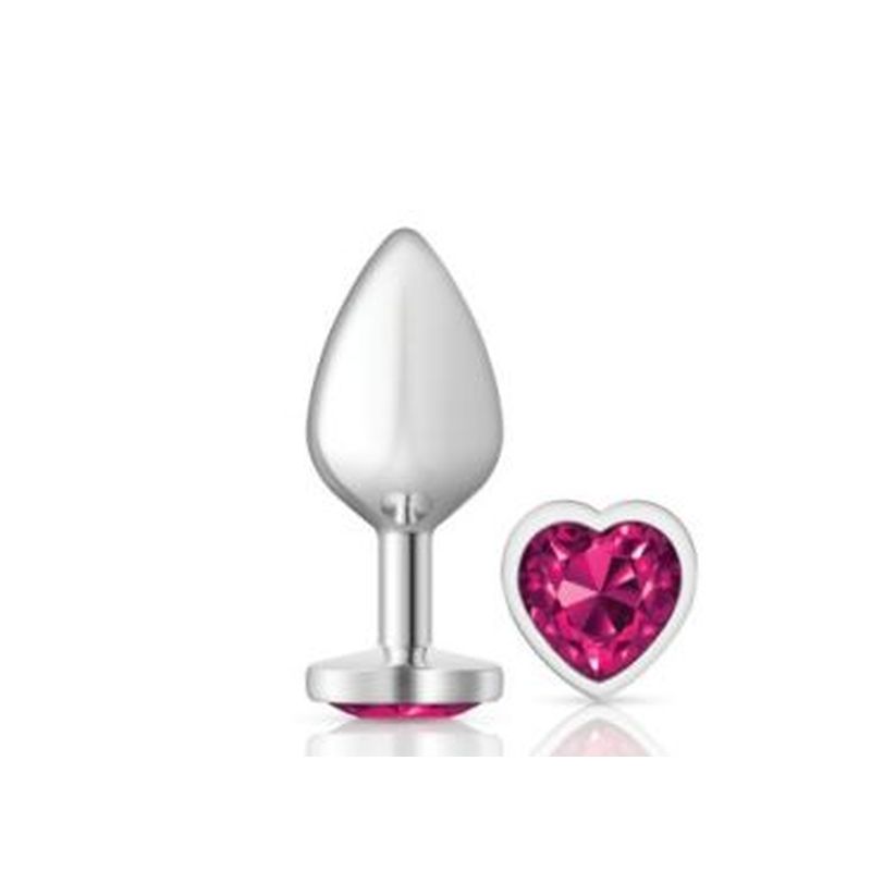 Cheeky Charms Silver Metal Butt Plug w Heart Pink Jewel Medium