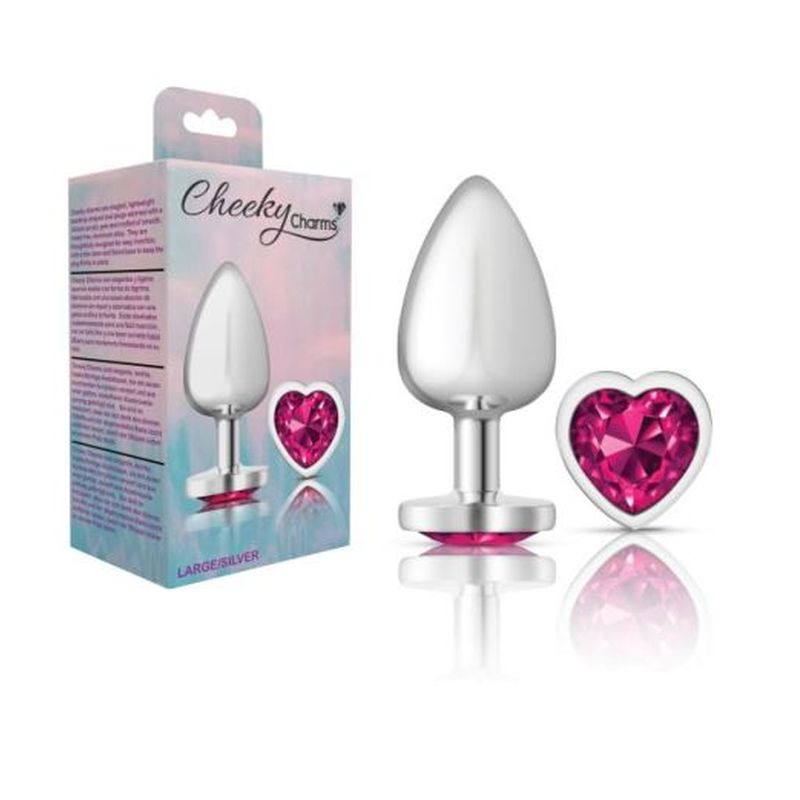 Cheeky Charms Silver Metal Butt Plug w Heart Pink Jewel Large