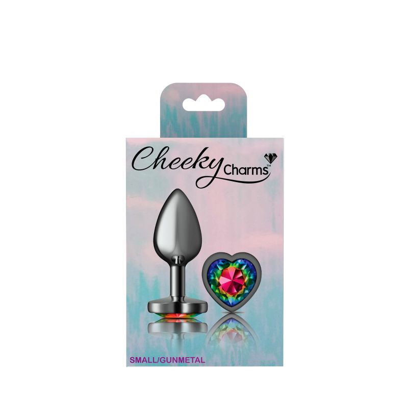 Cheeky Charms Gunmetal Butt Plug w Heart Rainbow Jewel Small