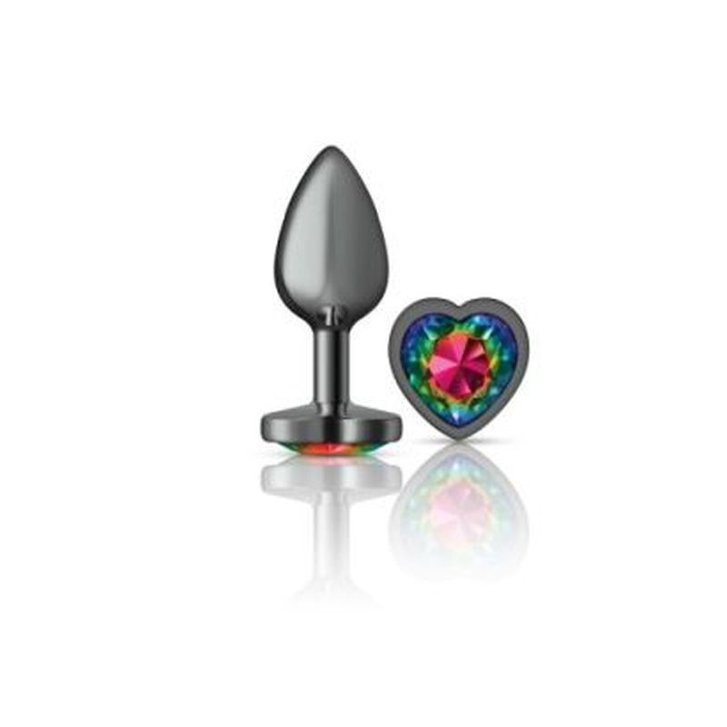 Cheeky Charms Gunmetal Butt Plug w Heart Rainbow Jewel Small