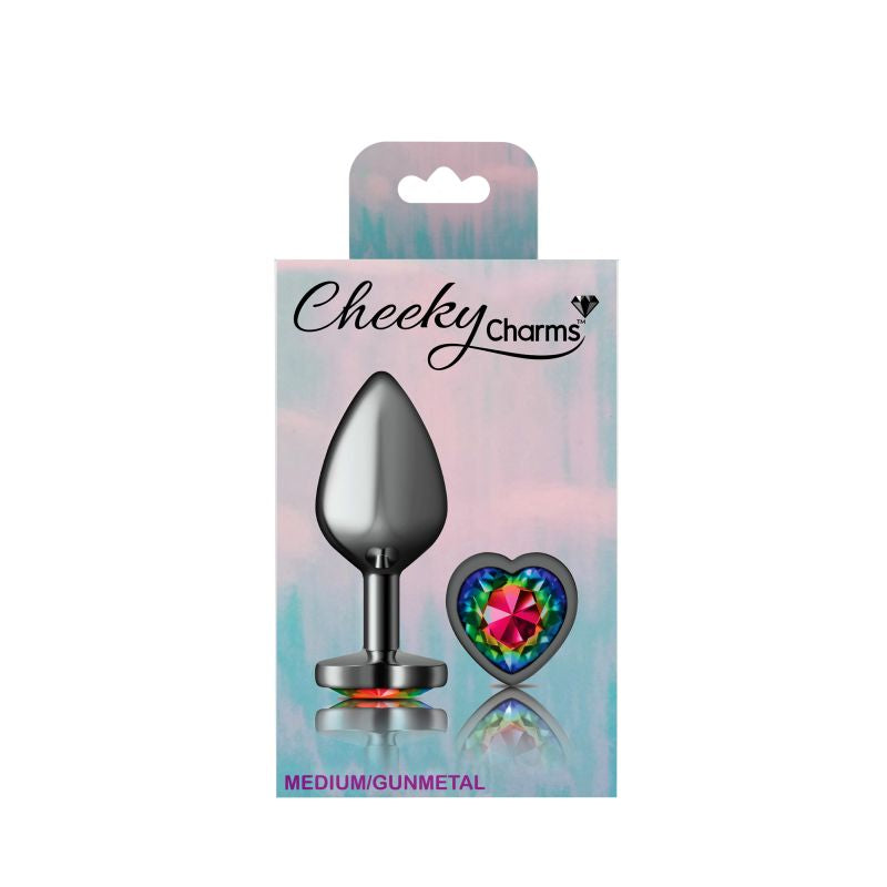 Cheeky Charms Gunmetal Butt Plug w Heart Rainbow Jewel Medium