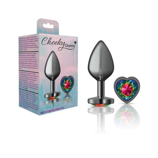 Cheeky Charms Gunmetal Butt Plug w Heart Rainbow Jewel Medium