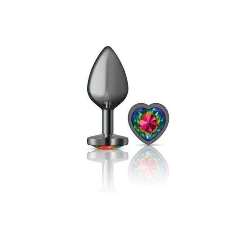 Cheeky Charms Gunmetal Butt Plug w Heart Rainbow Jewel Medium