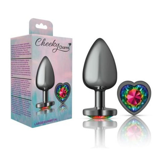 Cheeky Charms Gunmetal Butt Plug w Heart Rainbow Jewel Large