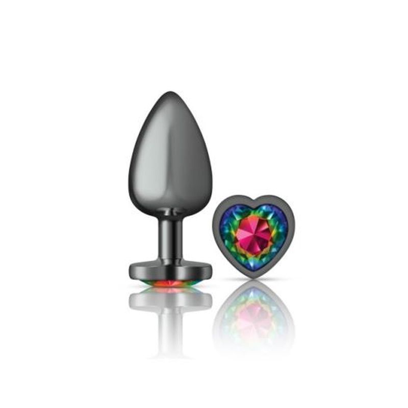 Cheeky Charms Gunmetal Butt Plug w Heart Rainbow Jewel Large