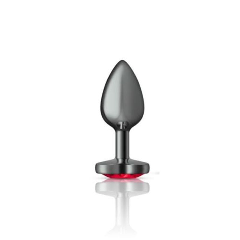 Cheeky Charms Gunmetal Butt Plug w Heart Red Jewel Small