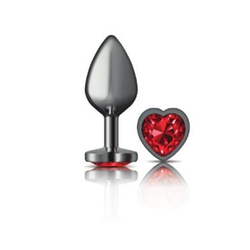 Cheeky Charms Gunmetal Butt Plug w Heart Red Jewel Medium