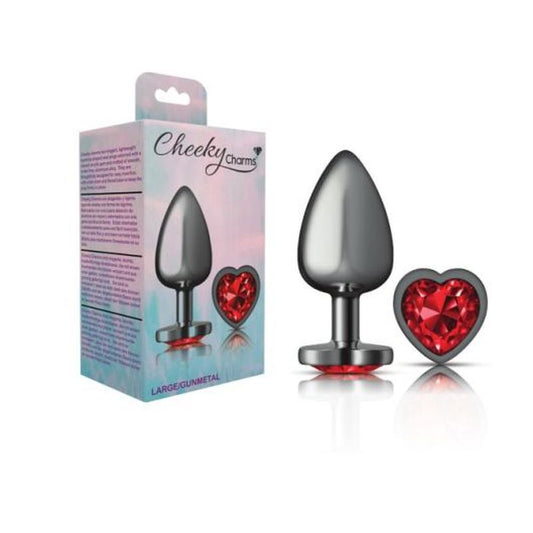 Cheeky Charms Gunmetal Butt Plug w Heart Red Jewel Large