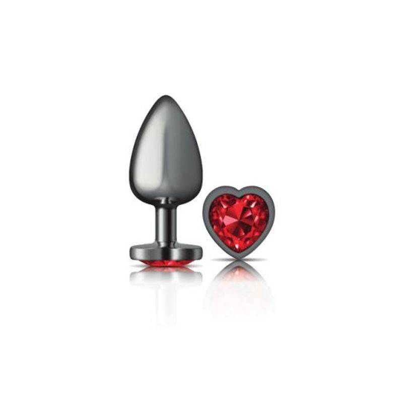 Cheeky Charms Gunmetal Butt Plug w Heart Red Jewel Large