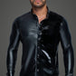 Noir Power Wetlook PVC Long Sleeved Shirt w Button Placket Size S, M, L or XL