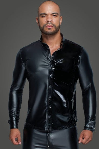 Noir Power Wetlook PVC Long Sleeved Shirt w Button Placket Size S, M, L or XL