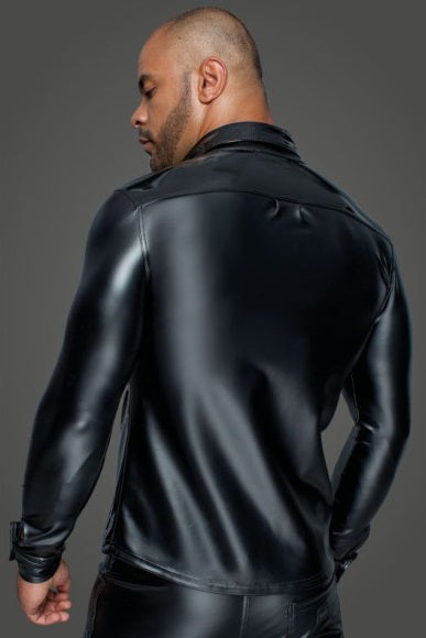 Noir Power Wetlook PVC Long Sleeved Shirt w Button Placket Size S, M, L or XL