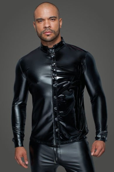 Noir Power Wetlook PVC Long Sleeved Shirt w Button Placket Size S, M, L or XL