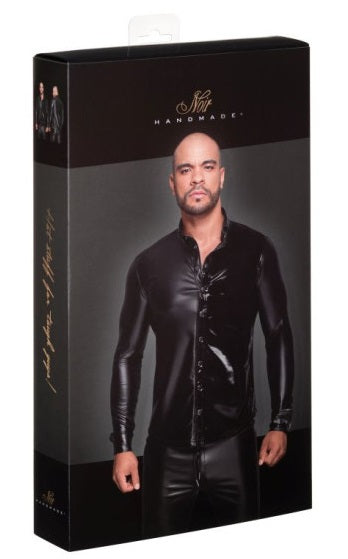 Noir Power Wetlook PVC Long Sleeved Shirt w Button Placket Size S, M, L or XL