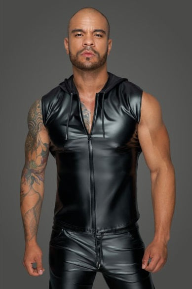 Noir Power Wetlook Sleeveless Hooded Shirt w 2 Way Zipper Size S, M, L or XL